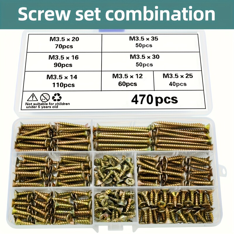 470pcs 高硬度木螺钉组合套件，十字驱动平头，沉头自攻螺丝|undefined