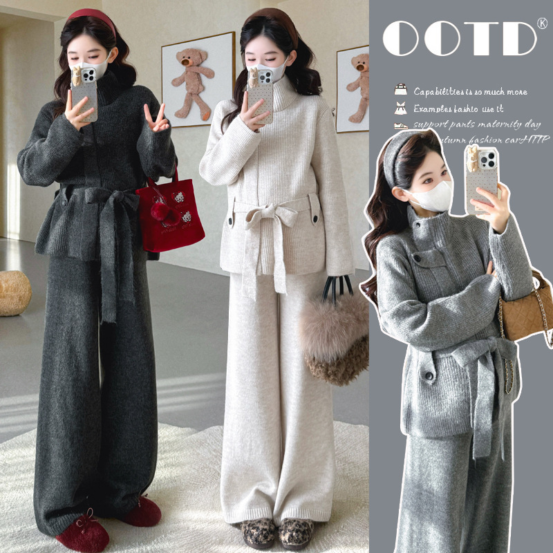 Maternity Winter Suit 2025 New Style Stand-Up Collar Belt Sweater Wide-Leg Pants Autumn and Winter Pregnant Mother High-End Wear