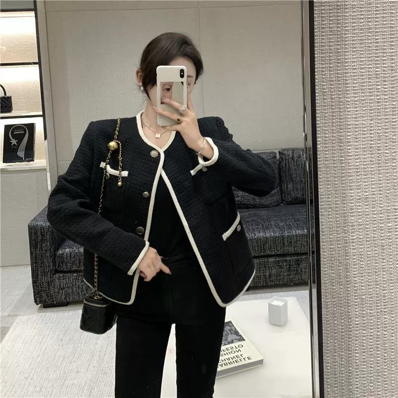 Осенний oversize пиджак, корейский стиль, вдохновлённый Chanel, молодежная мода, цвет слоновая кость/чёрный