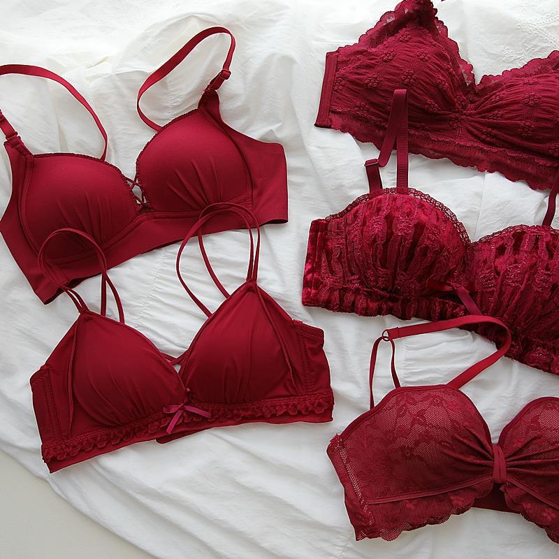 French Red Lace Bra Set, Wedding Year, Small Breasts Gathered, Thick Thin Intimates Without Steel Rings