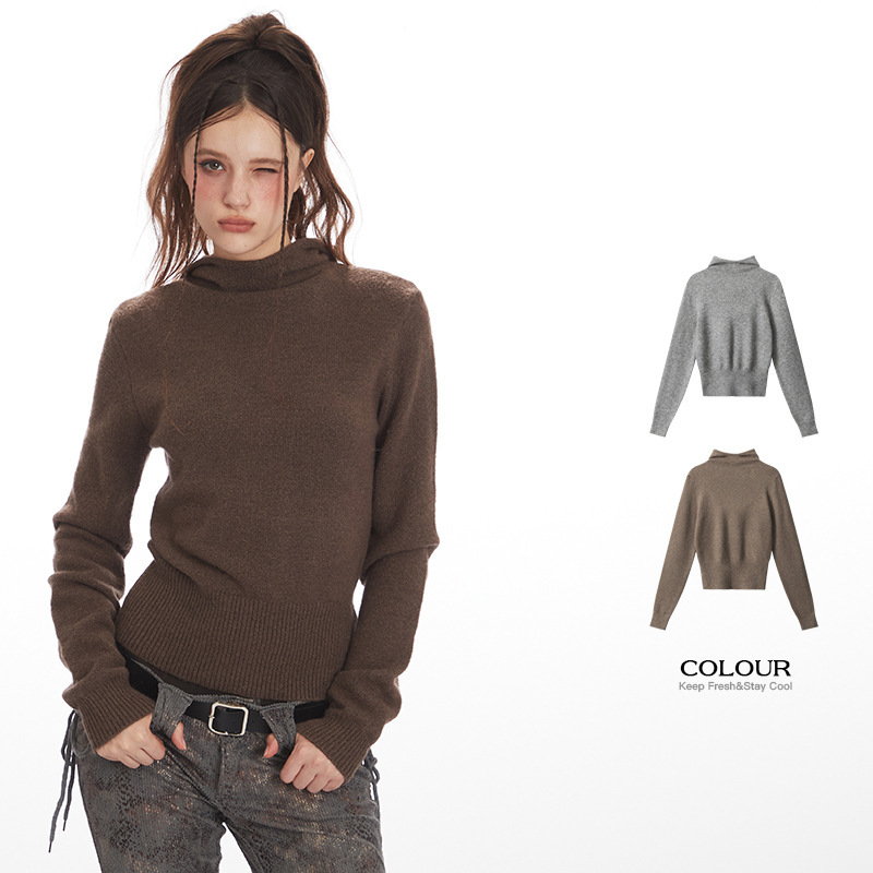 Heyhenry2025 Autumn and Winter Pullover Hooded Knitwear Women's Long-Sleeved Slim Short Style Inner Base Knitwear Heyhenry2025 Autumn and Winter Pullover Hooded Knitwear Women's Long-Sleeved Slim Short Style Inner Base Knitwear