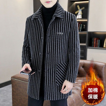冬季毛呢加棉保暖男中长款时尚呢子大衣加厚翻领条纹帅气百搭风衣