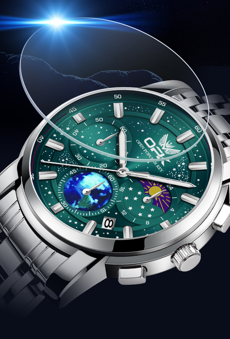 Opk Men's Quartz Watch Moon Phase Chronograph Glow Dial Wristwatch_voghion.com