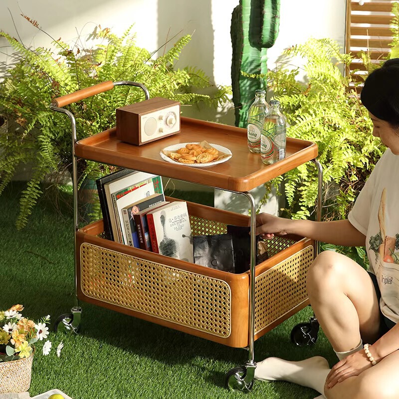 中古风实木边几可移动收纳置物架ins风藤编茶几边柜卧室简约推车|undefined