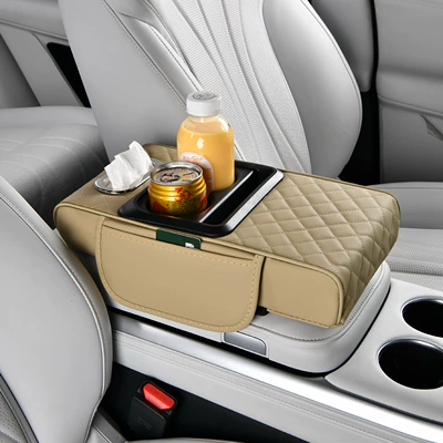Armrest box pad Storage Bag Car Tissue Box - multifunctional-quilted-embroidery-style-beige