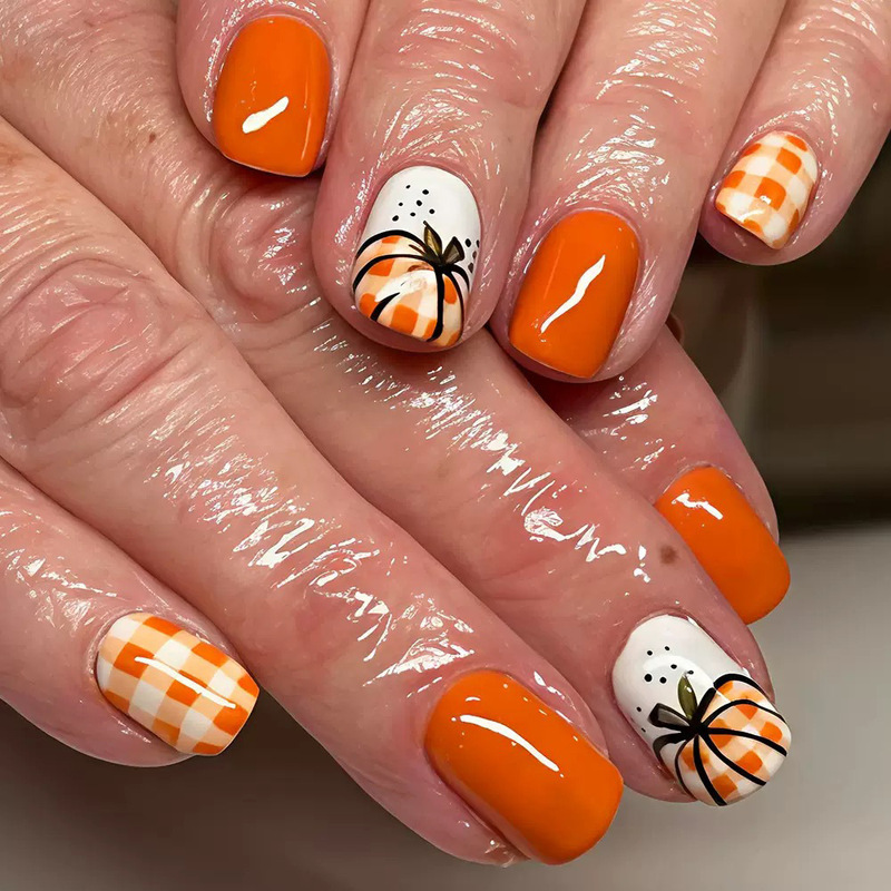 Thanksgiving Orange Pumpkin Short Square False Nails, Vintage Country Style, Detachable Fake Nails Wholesale