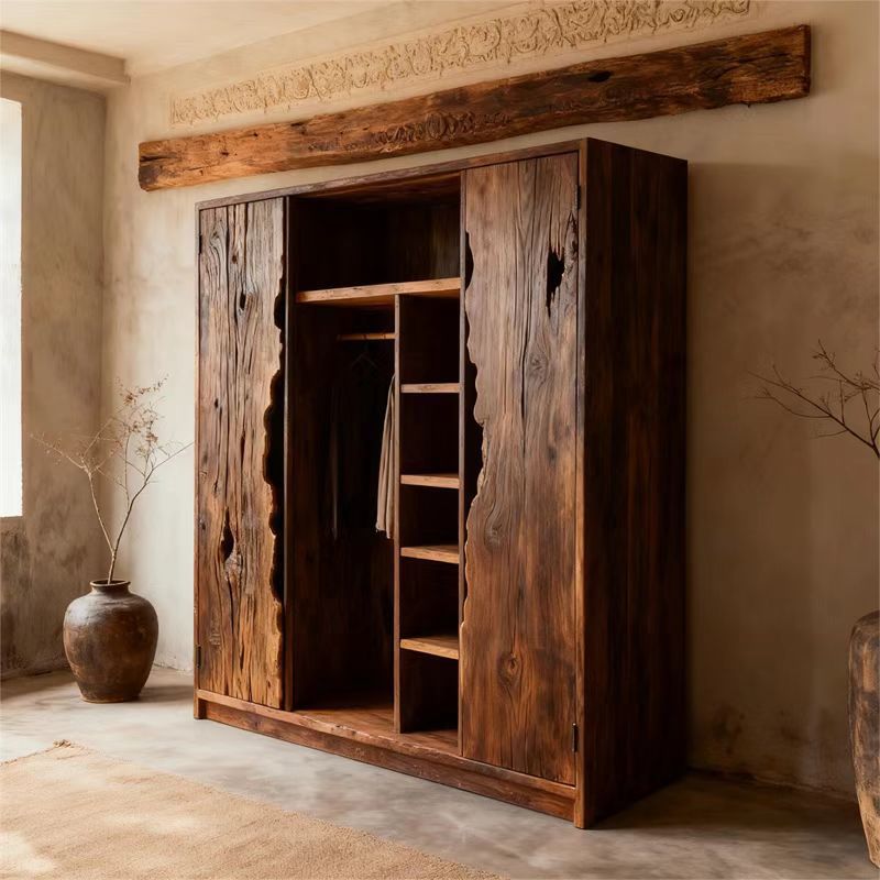 Wabi-Sabi Style Solid Wood Wardrobe B&B Antique Style Weathered Old Elm Wardrobe Wardrobe Home Storage and Organization Cabinet