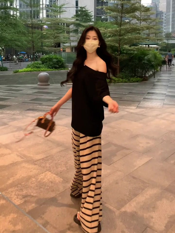 韩系条纹休闲裤女夏季新款2025宽松慵懒风显瘦松弛感长裤两件套潮|undefined