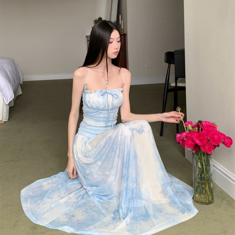 蓝调莫奈串珠设计清新吊带连衣裙|undefined