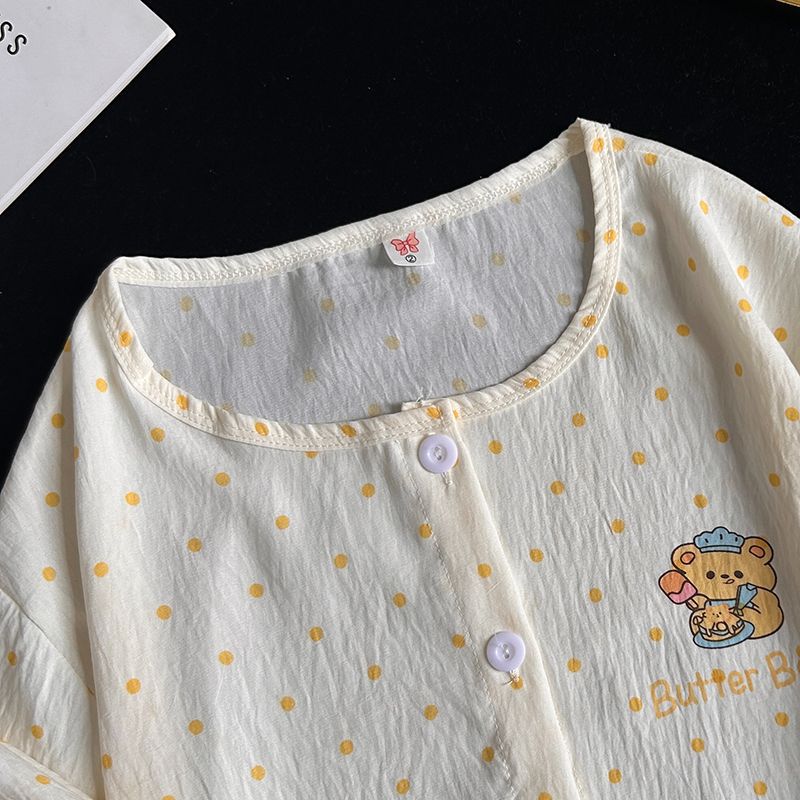 Traje transfronterizo al por mayor de tres piezas pantalones de manga corta pijamas cárdigan de cuello redondo para mujer traje de servicio a domicilio dulce y lindo algodón nube