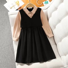Girls' preppy dress spring new medium and large children's lapel fake two-piece shirt dress long-sleeved retro princess dress