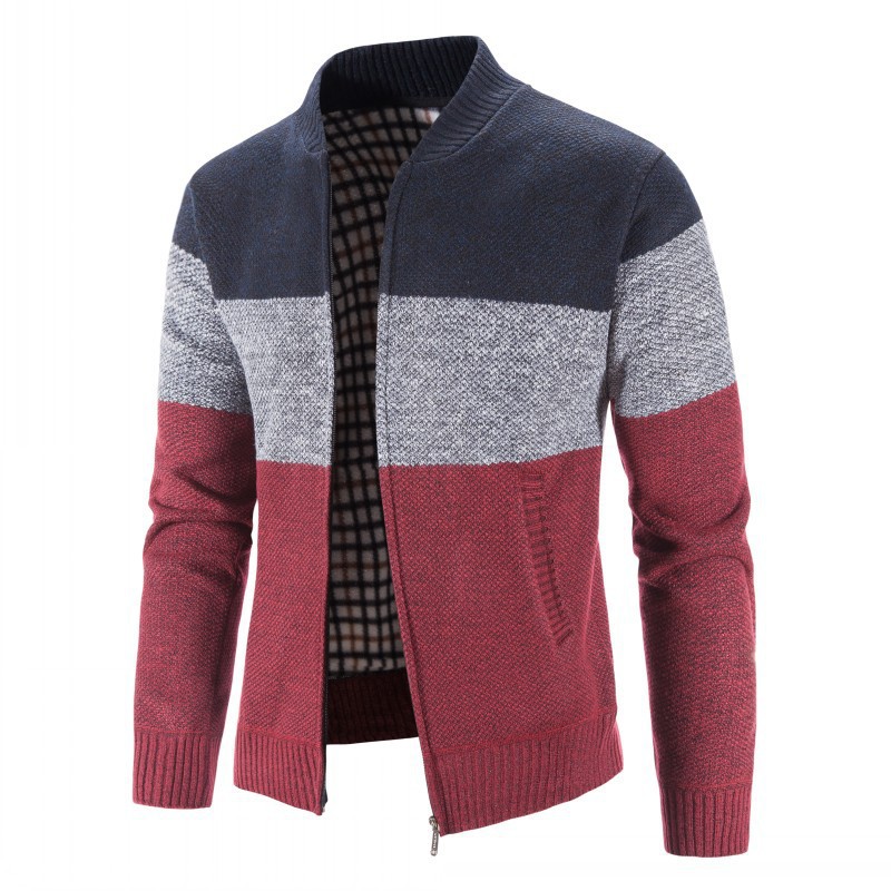 Suéter de hombre nuevo de otoño e invierno con forro polar, talla grande, suéter tipo chaqueta para hombre de Amazon, cárdigan con cuello alto y bloques de color
