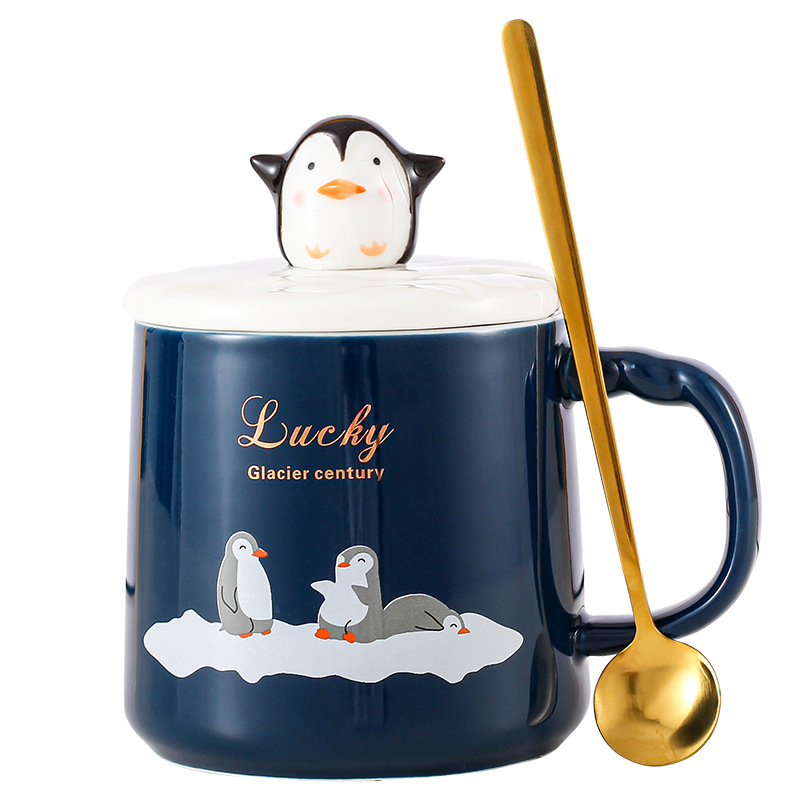 Creativo lindo pingüino Taza de cerámica de dibujos animados pareja taza de café con tapa cuchara estudiante resistente al calor taza de agua