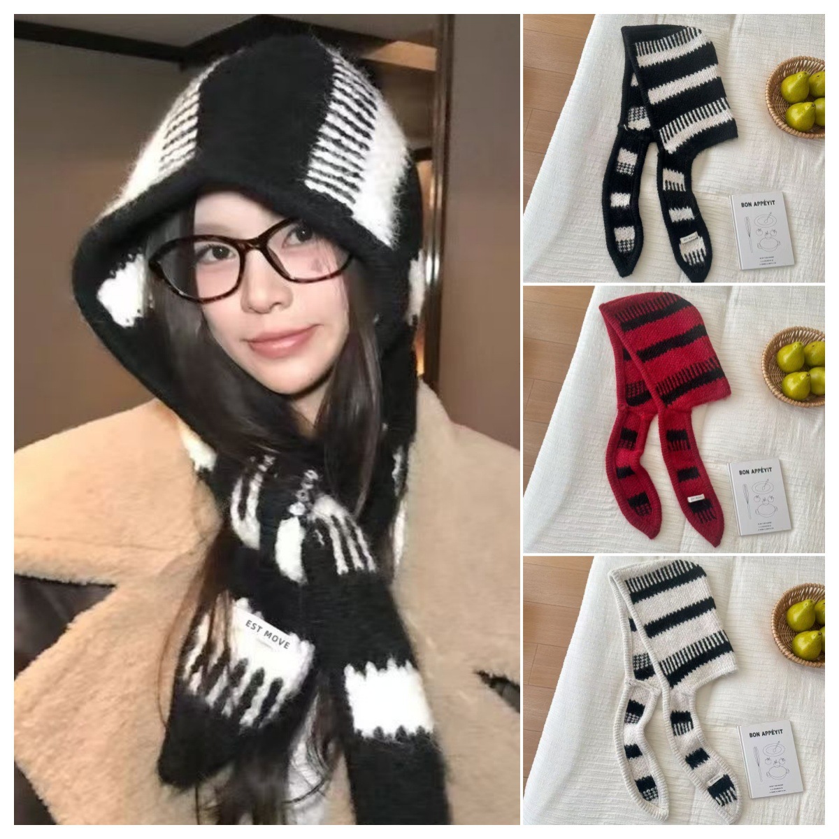 Woolen hat and scarf combo for women, Korean style, color-blocked, winter large head circumference hat, warm knitted balaclava