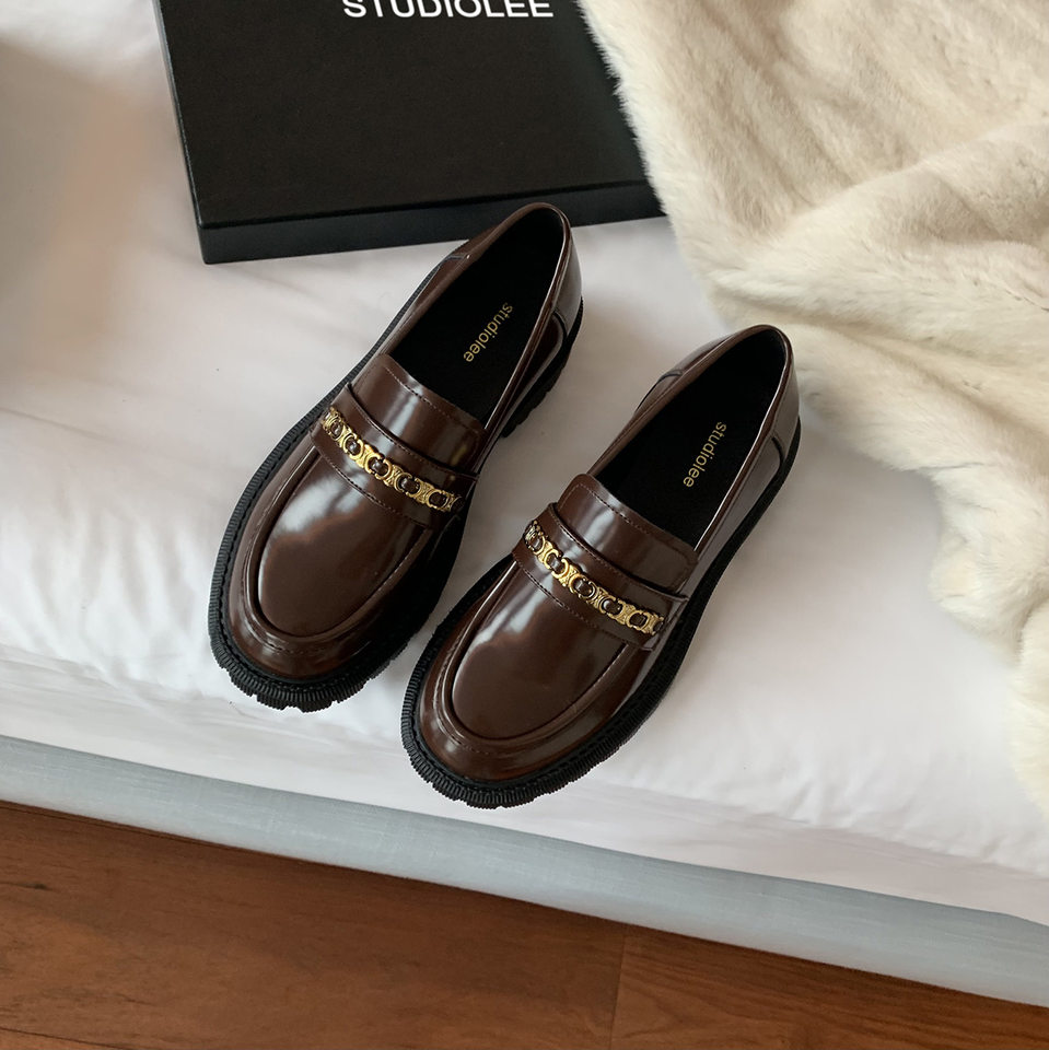 Giày lười nữ mũi tròn đế dày tôn dáng, xỏ chân kiểu slip-on gót thô 3–5 cm — Màu nâu, Màu đen
