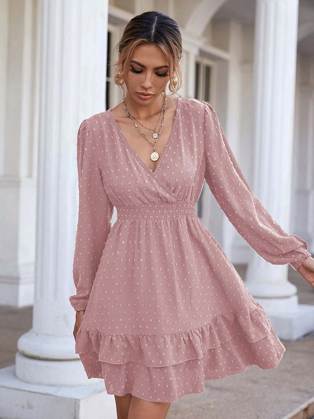 V-neck long-sleeved ruffled slim solid color dress NSNCK118644