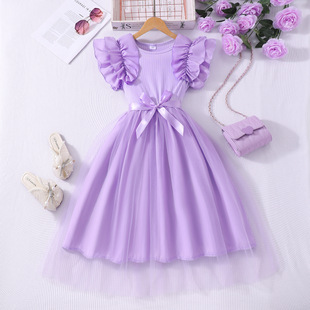 Girls' Large (Small) Dress, Ruffled Flying Sleeve Pit Strip Mesh Round Neck Summer Casual Dress