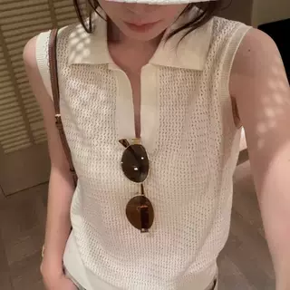 法式镂空冰丝polo领针织背心女夏老钱风收腰显瘦绝美无袖坎肩上衣