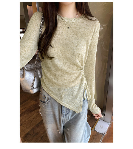 Women's Summer New Design Sensory Pleated Knit Top with Sheer Ice Silk Sun Protection Cover Shirt Thin Sheer Long Sleeve T-Shirt