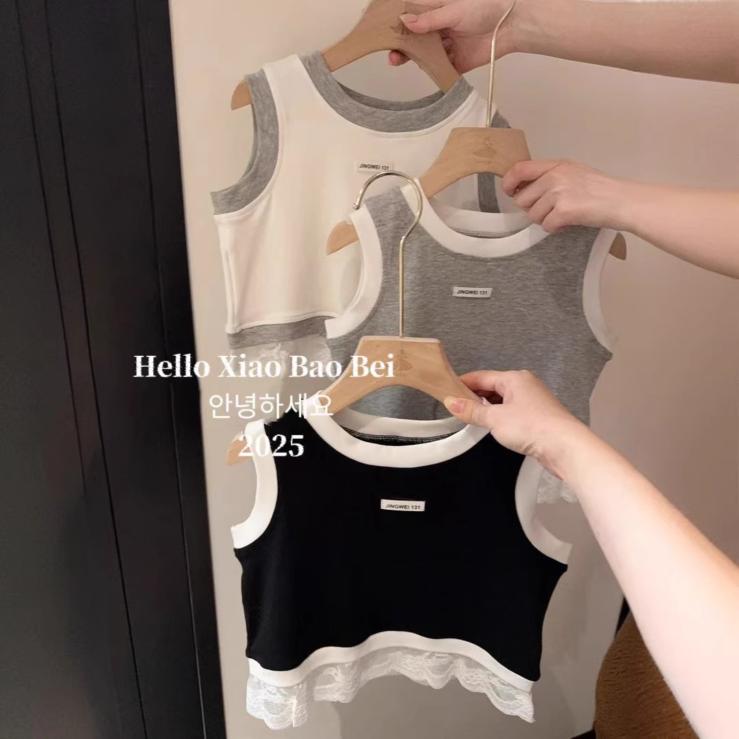 Ropa para niños coreanos 2025 primavera y verano camiseta para niñas costura de moda chaleco de encaje casual tendencia deportiva de estilo occidental para niños