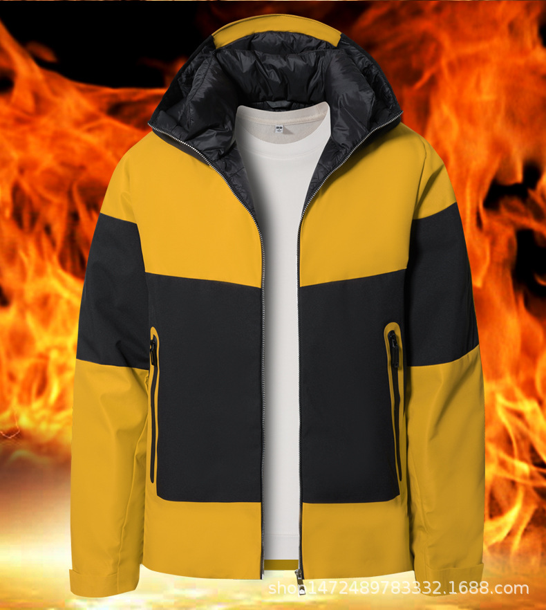 Hombre transfronterizo invierno encapuchado chaqueta juvenil de color contrastante campamento al aire libre impermeable chaqueta de pareja