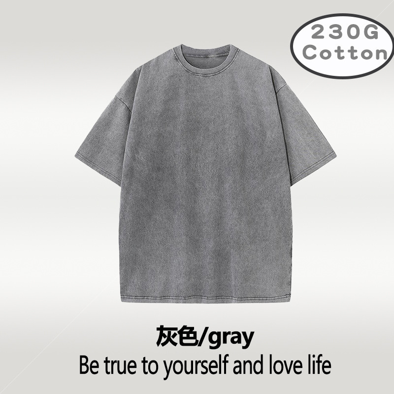 Camiseta retro de manga corta lavada holgada de algodón puro Camiseta transfronteriza de talla grande 230g versión estadounidense de talla europea de los hombres con hombros caídos
