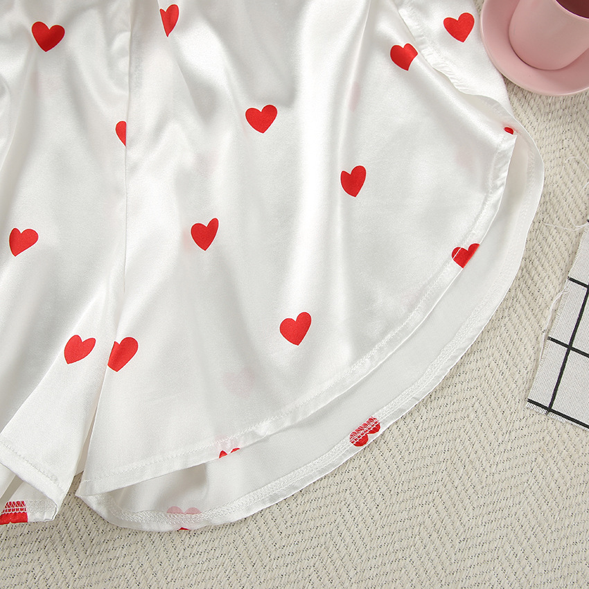 210g Weight Short Sleeve Sleeve Length Pajamas Lingerie Type Polyester, Satin Fabric Type Short Top Length Shorts Sets Sets Type 2 Pieces Set Quantity Home, Daily Occasion Turndown Neckline Breathable Function Regular Fit Fit Type Heart Shape Pattern Winter, Summer, Spring Season Women's Gender Sweet Style Home Daily Women's Sweet Heart Shape Polyester Satin Shorts Sets Pajama Sets 12