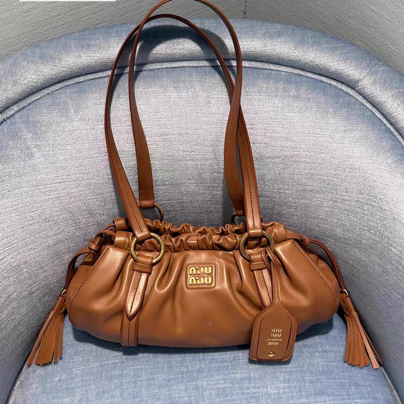 Miu Joie*Appa Genuine Leather Women's Bag Pleated Drawstring Cloud Bag 25 New Retro Shoulder Bag Handbag Trendy