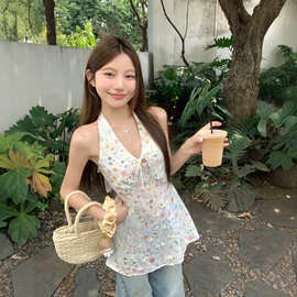 赵今麦同款 Kroche 梦境花园 重工花卉刺绣印花 绑带V领挂脖上衣