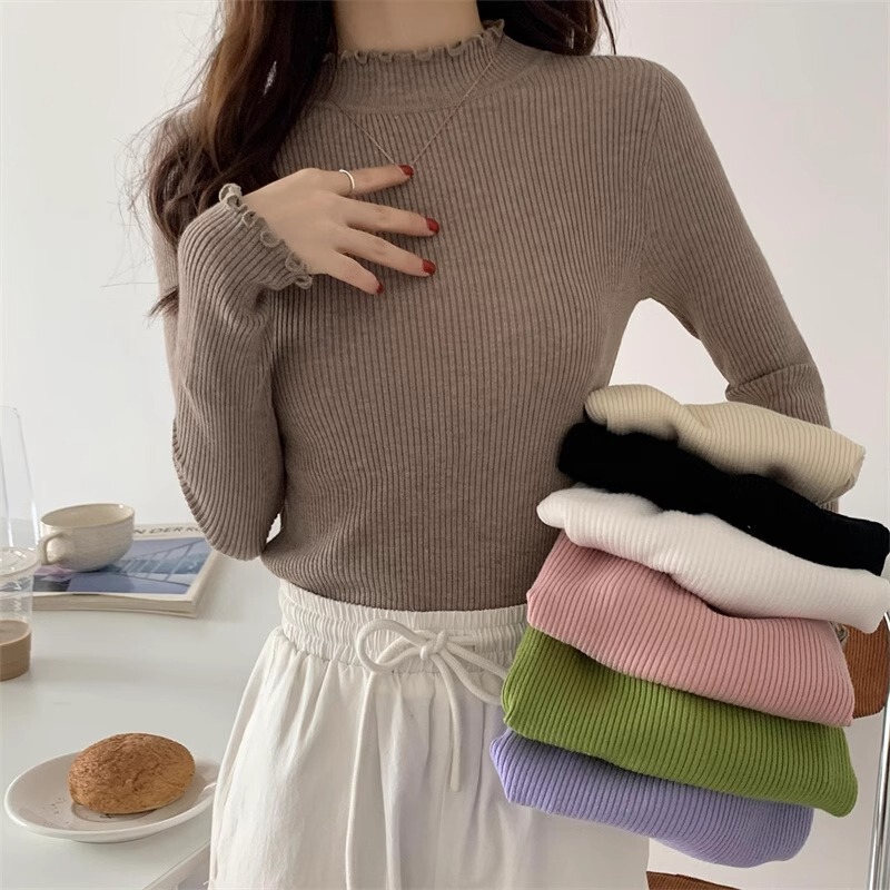 2024 New Autumn Half-turtleneck Long-sleeved Sweater Women's Slim-fit Ear-rimmed Stretch Knitted Base Shirt Top Trendy