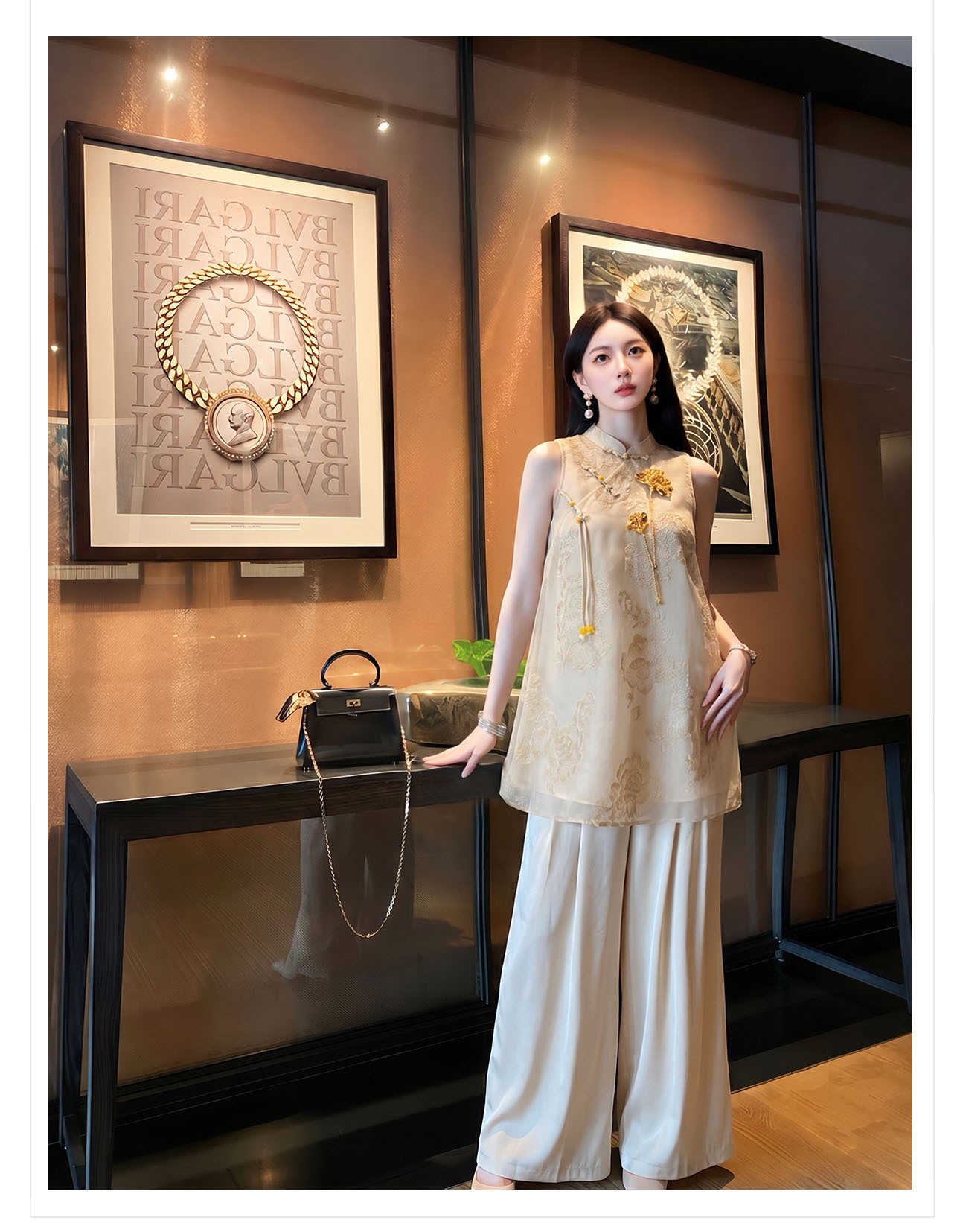 Đầm maxi nữ thắt eo thiết kế cổ điển họa tiết hoa nổi — Gừng chi tiết 12