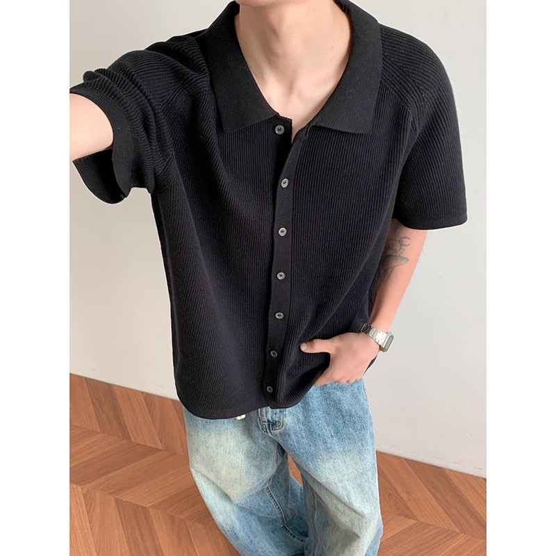 老钱风肌理感针织衬衫男短袖夏季宽松翻领纽扣开衫高级感半袖衬衣