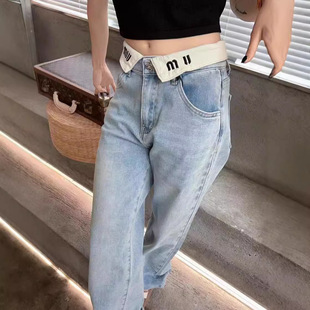MIU24 ранние осенние новые буквы вышивка логотипа декоративные лацканы с высокой талией тонкие джинсы повседневная мода