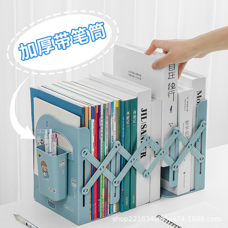 Foldable and Extendable Book Stand with Pen Holder, Desktop Bookshelf for Organizing Books and Storage