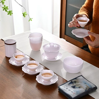 冰种羊脂玉茶具套装陶瓷家用功夫茶杯粉色女士三才盖碗杯垫高档