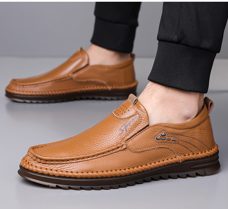 Giày lười nam da bò lớp đầu mềm, đế bằng chống trượt, form rộng cỡ lớn — Kaki, Màu trắng, Màu đen chi tiết 22