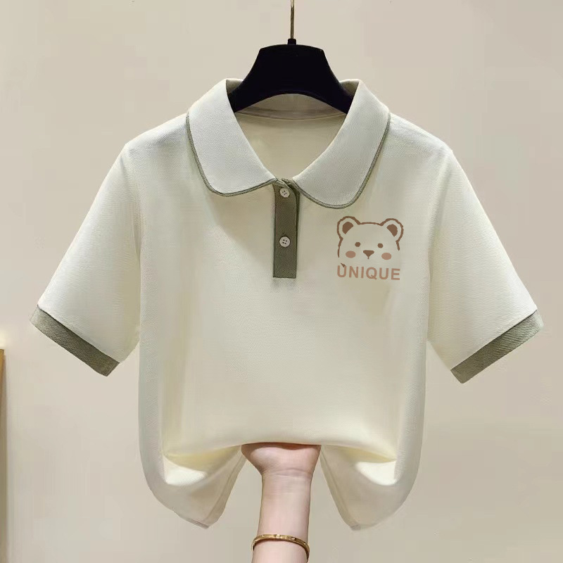 2024 Summer New Niche Design Sense Color-matching Doll Collar Short-sleeved T-shirt Female Student College Style Lapel Top