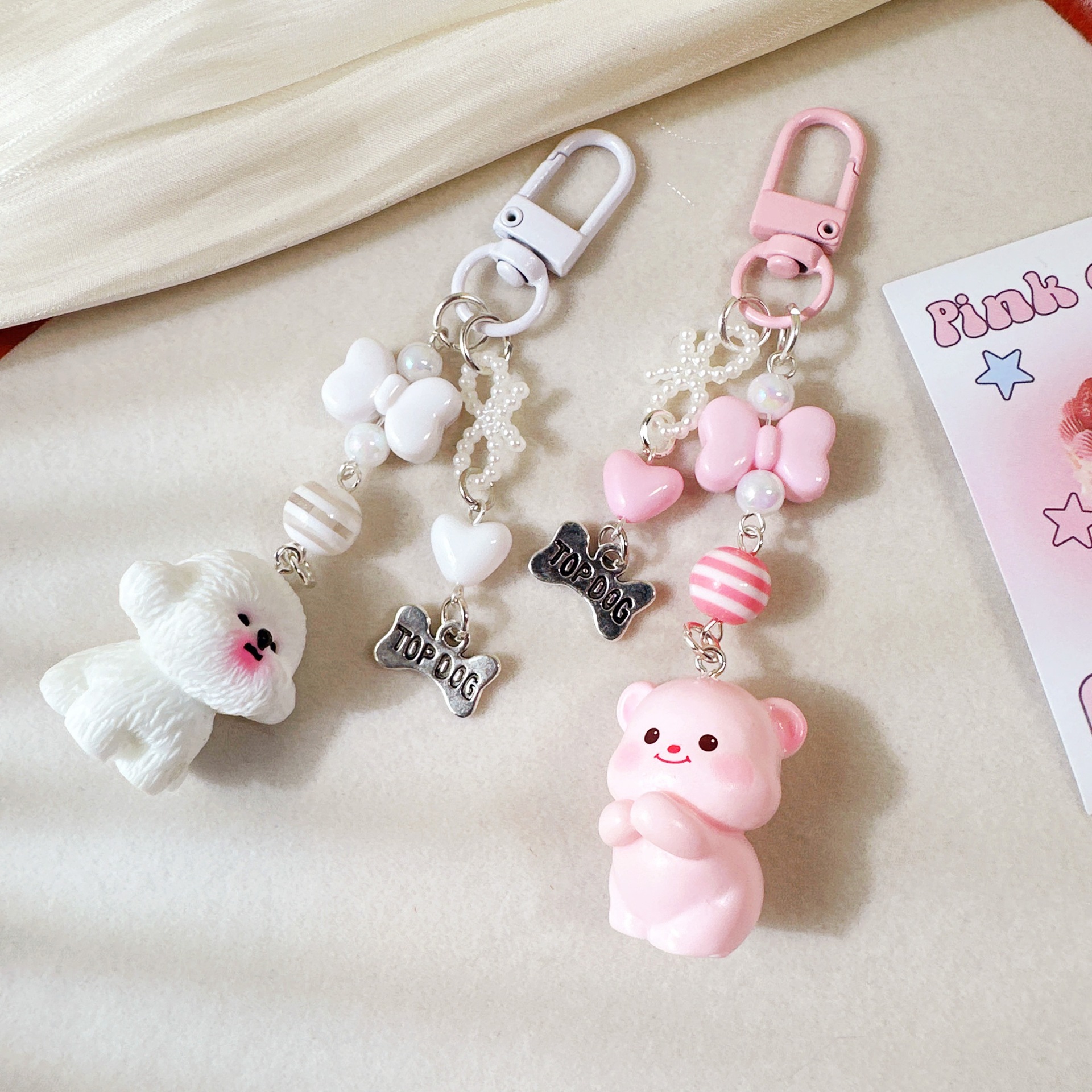 Cute Cartoon White Dog Bear Bag Pendant Mobile Phone Chain Heart Ccd Camera Lanyard Bow Keychain Anti-Lost