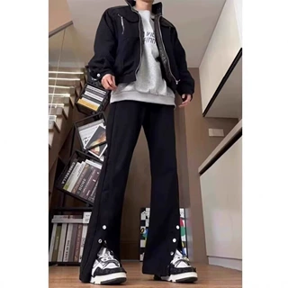 cleanfit排扣微喇牛仔裤男款美式高街vibe拉链开叉直筒阔腿弯刀裤