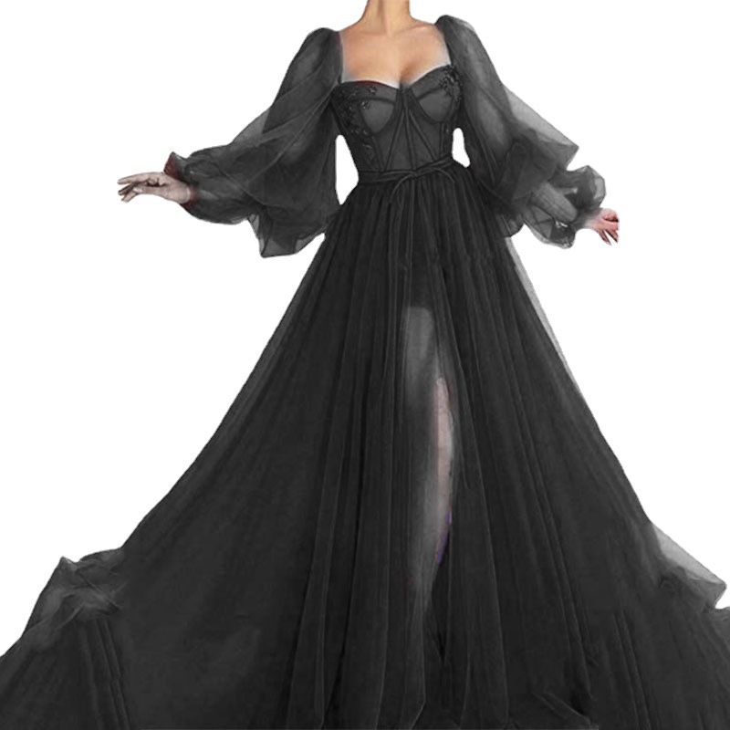 Nuevo Modelo 2025, Vestido de Novia de Estilo Europeo y Americano, con Hombros Descubiertos, Malla, Manga Larga y Amplio Dobladillo