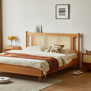 Nordic solid wood retro vine bed cherry wood 1.8 meters 1.5 master bedroom Japanese technology cloth soft bag bed double bed