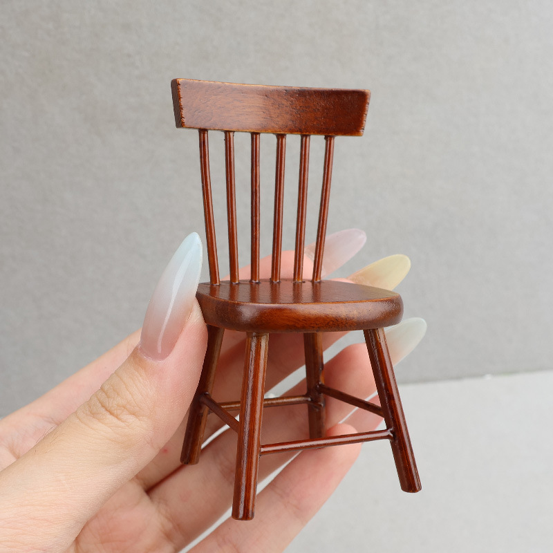1:12娃娃屋dollhouse迷你家具微缩厨房餐厅场景摆件木质栗色桌椅|undefined