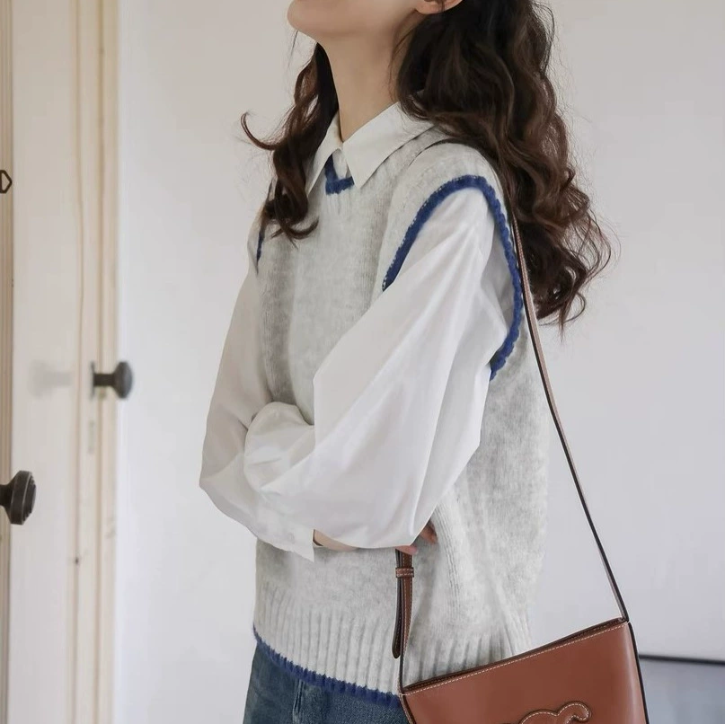 Blue Scandinavian colored sweater, spring retro knitted vest, Nordic style
