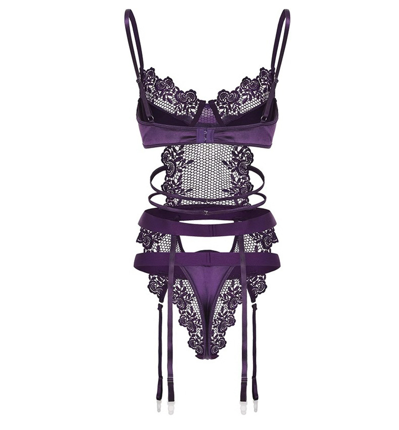 Purple Lace Underwire Jumpsuit Lingerie Set with Garters, Thong, Gloves and Stockings — detail image 15
