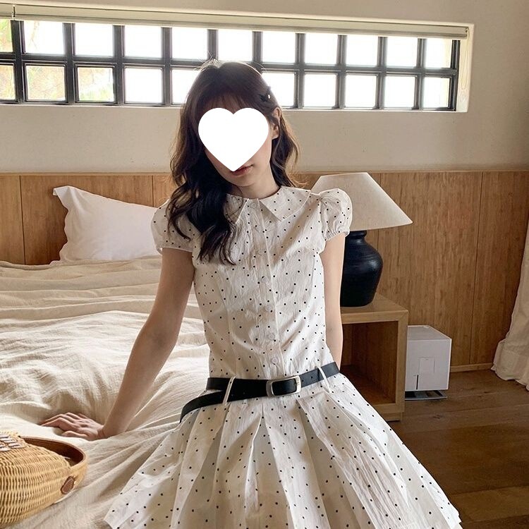 French-Style Polka Dot Puff Sleeve Waist-Cinching Pleated Dress for Women, Niche Summer Affordable Lapel Short Dress with a Stylish Touch French-Style Polka Dot Puff Sleeve Waist-Cinching Pleated Dress for Women, Niche Summer Affordable Lapel Short Dress with a Stylish Touch