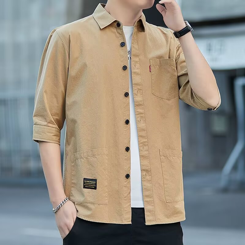 Summer Men's Trendy Workwear Thin Loose Short-Sleeved Shirt Men's Simple Casual and Comfortable Solid Color Three-Quarter Sleeve Shirt
