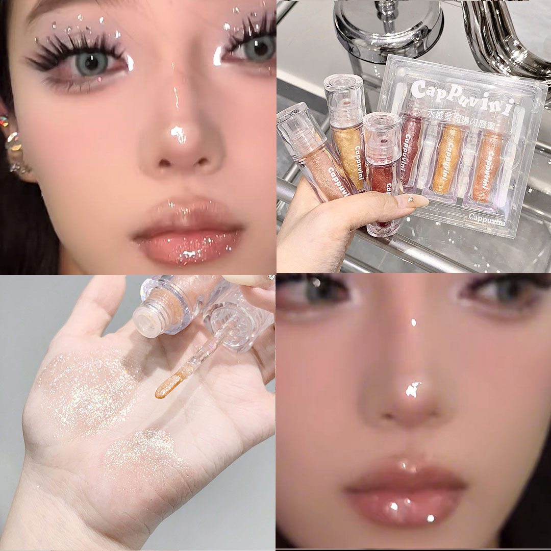 Cappuvini Water-Sensitive Flavoring Lip Honey, brillo de agua, brillo de perla, base, conjunto de miel labial. image 8