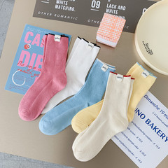 Ins Spring New Products, English Printed Label Striped Women's Medium Calf Socks Candy Color Unique Pure Cotton Bunch Socks