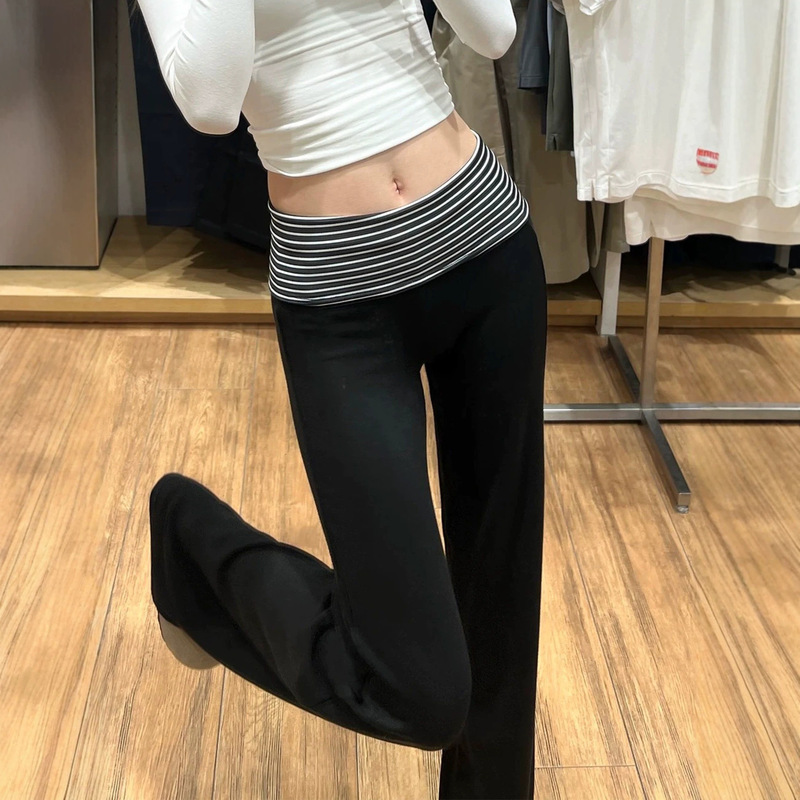 Black flared pants for women, new autumn design with striped waist, color-blocked, slim fit, casual, sporty, and flattering Black flared pants for women, new autumn design with striped waist, color-blocked, slim fit, casual, sporty, and flattering