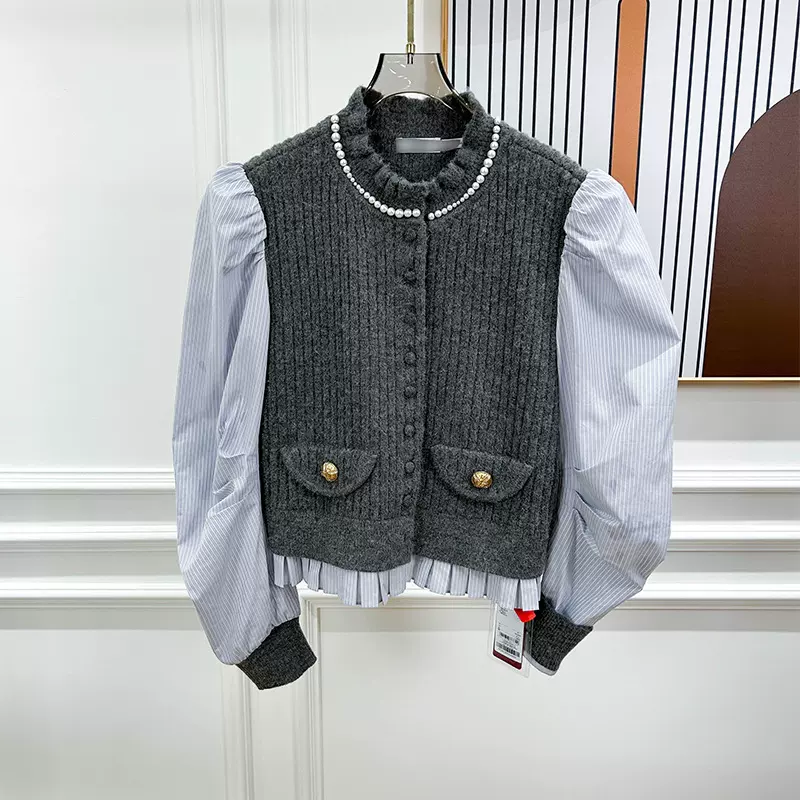 2024秋季新款女士减龄圆领假两件衬衫拼针织上衣优雅休闲条纹女装